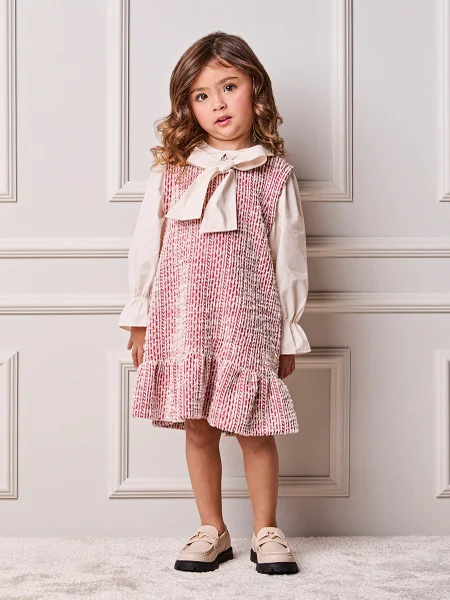 Vestido Infantil Menina Animê de Tweed com Gola Laço