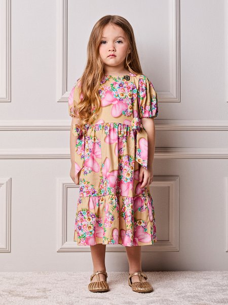Vestido Infantil Menina Animê Minnie Floral com Laços e Mangas Bufantes