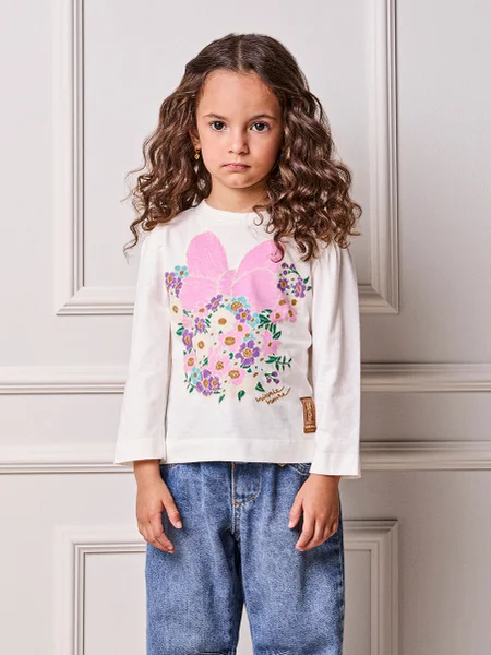 T-Shirt Infantil Menina Animê Manga Longa da Minnie Floral