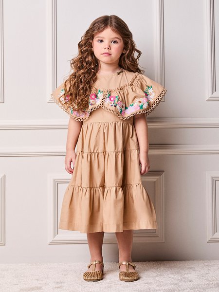 Vestido Infantil Menina Animê com Máxi Gola com Bordado Floral