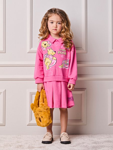Vestido Infantil Menina Animê de Moletom com Gola do Ursinho Pooh