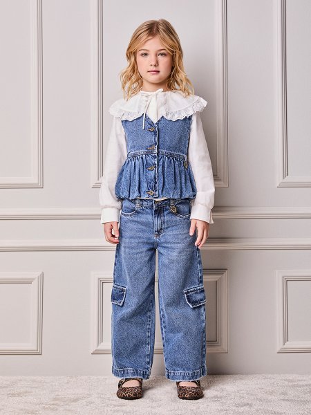 Calça Infantil Menina Animê Cargo Jeans com Pingente
