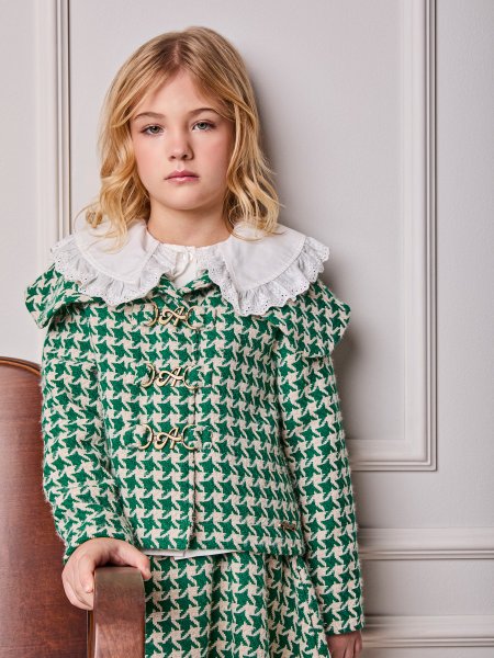 Casaco Infantil Menina Animê de Tweed Pied-de-Poule com Máxi Gola