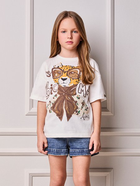 Blusa Infantil Menina Animê Animal Print com Strass