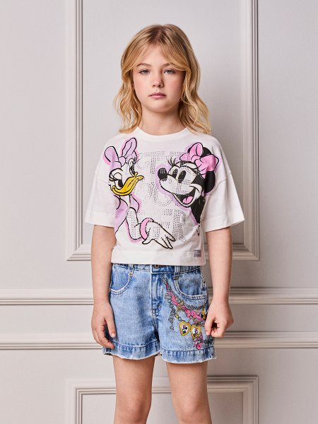 Blusa Infantil Menina Animê Minnie e Daisy com Lettering de Strass