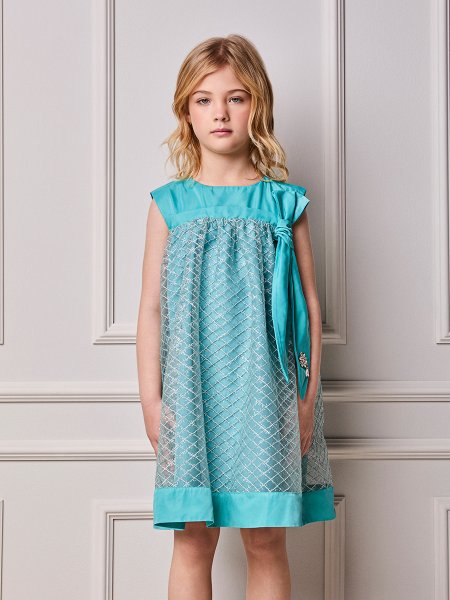 Vestido Infantil Menina Animê Aqua com Tule Bordado e Máxi Laço