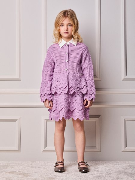 Conjunto Infantil Menina Animê de Tricot com Babados e Botões de Strass