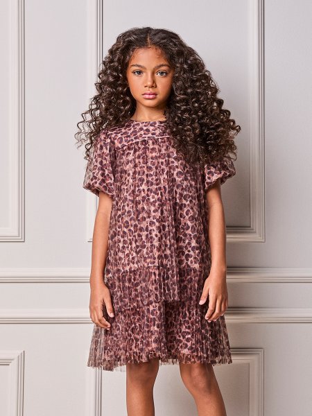Vestido Infantil Menina Animê Animal Print com Tule Plissado