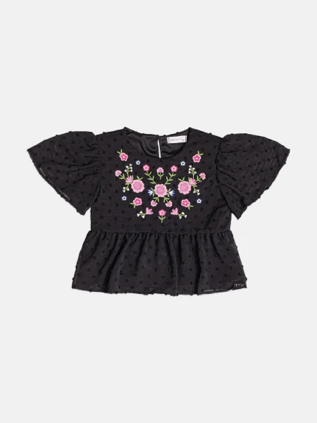 Blusa Menina Infantil Manga Curta com Bordado de Flores