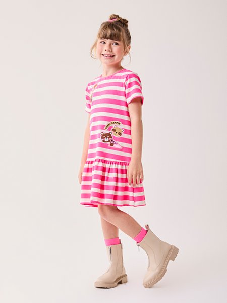 Vestido Infantil Menina Bimbi Listrado Rosa Neon
