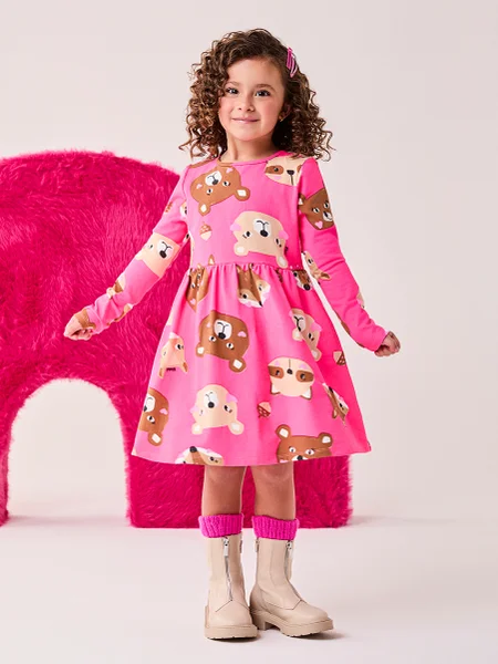 Vestido Infantil Menina Bimbi Manga Longa de Bichinhos