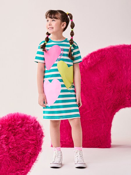 Vestido Infantil Menina Bimbi com Listras e Corações