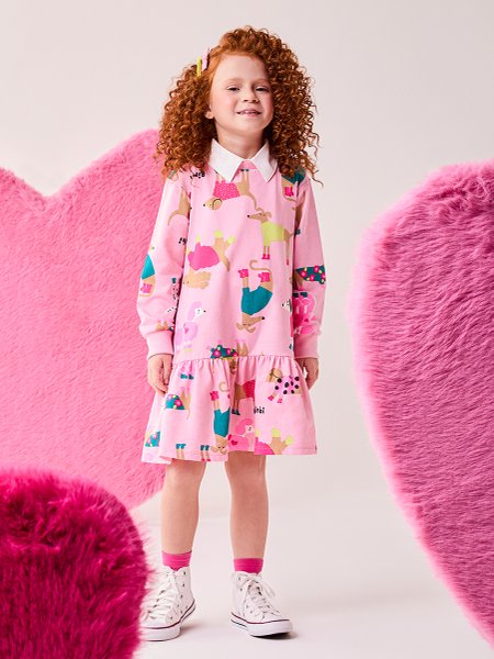 Vestido Infantil Menina Bimbi Manga Longa com Cachorrinhos