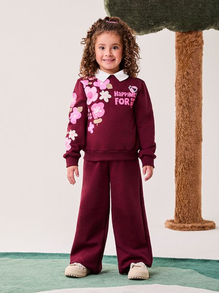 Conjunto Infantil Menina Bimbi de Moletom Bordo com Flores