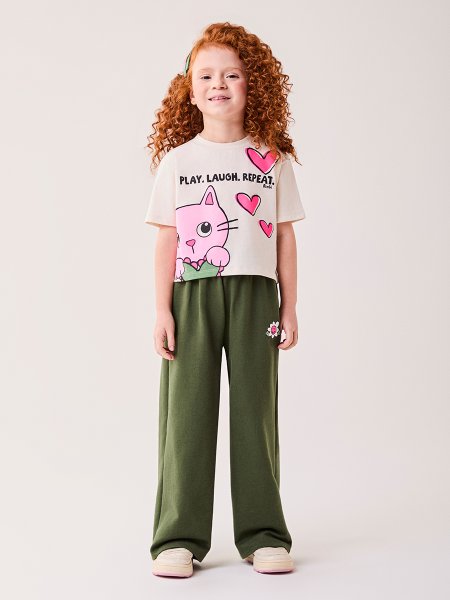 Conjunto Infantil Menina Bimbi Verde Oliva Estampado