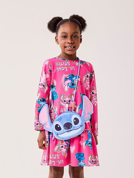 Vestido Infantil Menina Bimbi Rosa Manga Longa do Stitch Disney