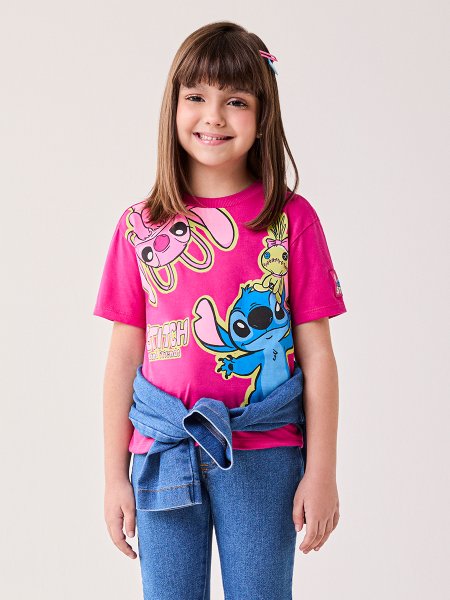 T-Shirt Infantil Menina Bimbi Rosa Stitch Disney