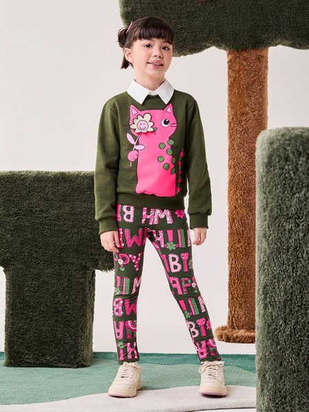 Conjunto Infantil Menina Bimbi Verde Oliva com Estampa 3D