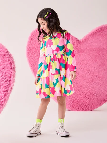 Vestido Infantil Menina Bimbi Manga Longa com Corações