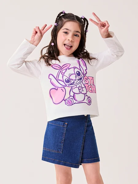 Blusa Infantil Menina Bimbi Manga Longa do Stitch Disney