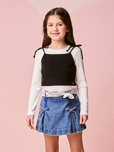 Blusa Menina Infantil com Top Preto de Tricot