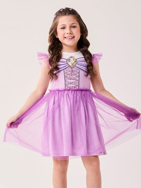 Vestido Infantil Menina Bimbi da Rapunzel Disney com Tule de Brilho
