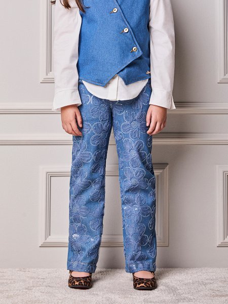 Calça Infantil Menina Animê Jeans com Floral Bordado com Paetê