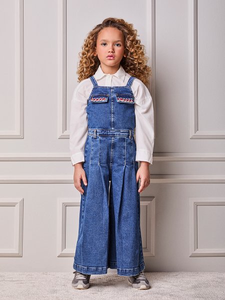 Macacão Infantil Menina Animê Jeans com Pregas e Cardaço Cherry