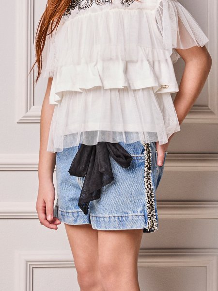 Short Infantil Menina Animê Jeans com Máxi Laço de Tule