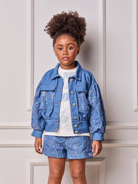 Jaqueta Infantil Menina Animê Jeans com Floral Bordado de Paetê