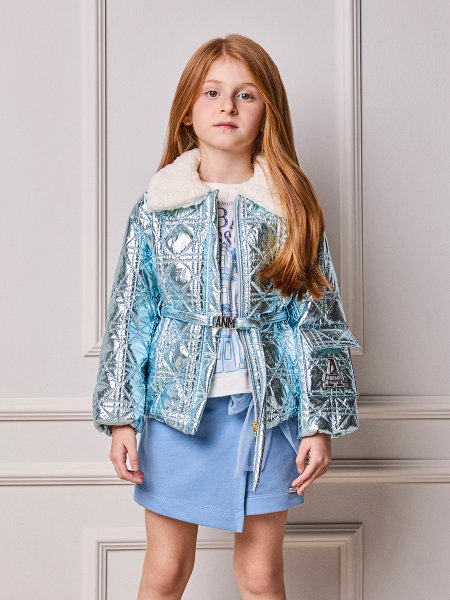Jaqueta Infantil Menina Animê Puffer Metalizada com Gola