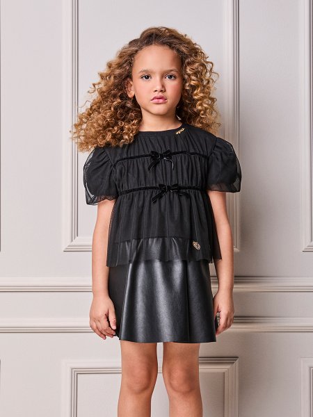 Blusa Infantil Menina Animê de Tule com Laços de Veludo