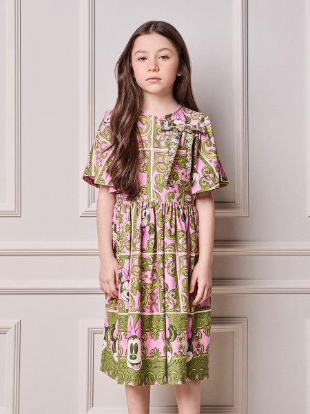 Vestido Infantil Menina Animê Floral Grid da Minnie com Laço
