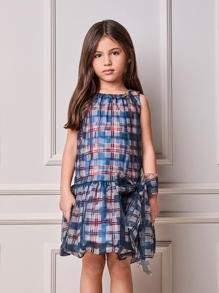 Vestido Infantil Menina Animê Balonê de Tule Xadrez