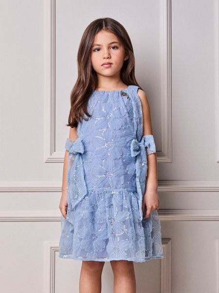 Vestido Infantil Menina Animê de Tule Floral com Paetê