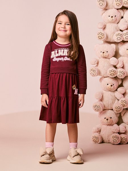 Vestido Infantil Menina Bordô com Patch de Ursinho
