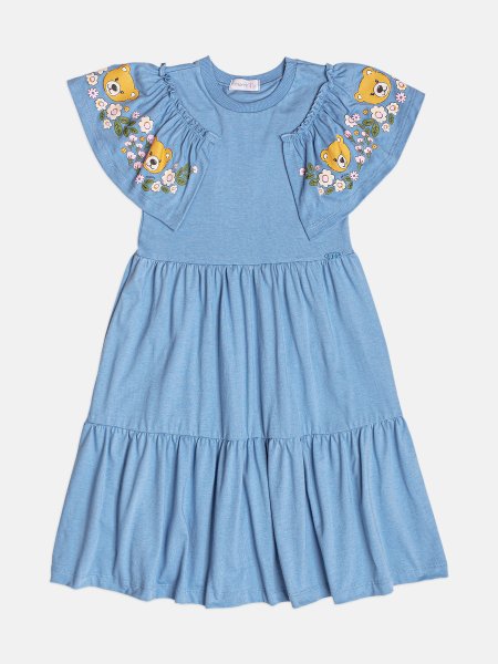 Vestido Infantil Menina Manga Curta de Ursinhos com Babado