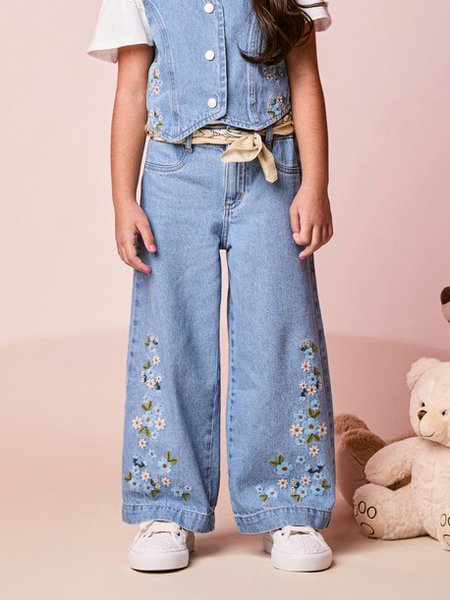 Calça Infantil Menina Jeans com Bordado de Flores