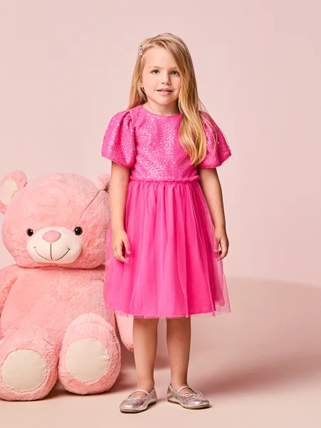 Vestido Infantil Menina Pink em Tule com Paetê