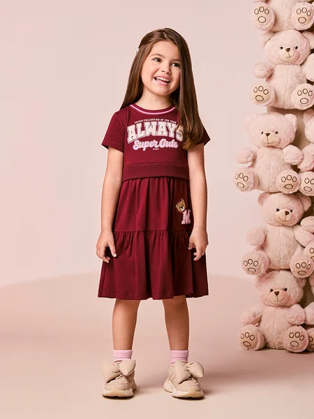 Vestido Infantil Menina Bordô com Patch de Ursinho
