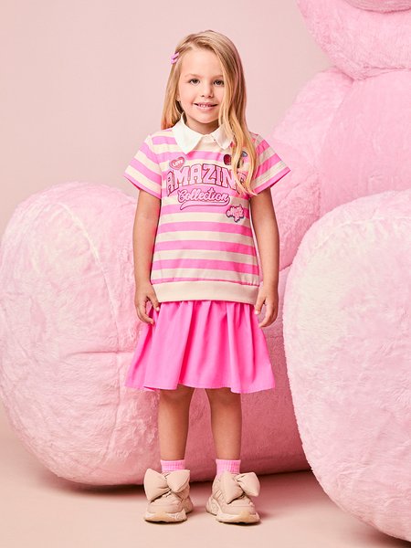 Vestido Infantil Menina Listrado com Patch de Cereja