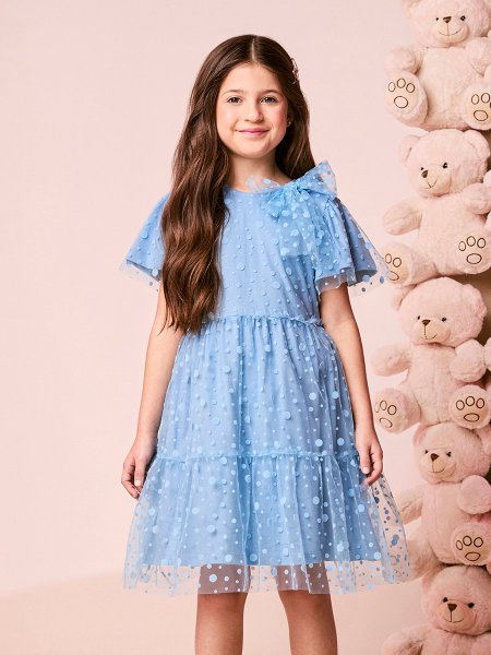 Vestido Infantil Menina de Tule Poá com Laço