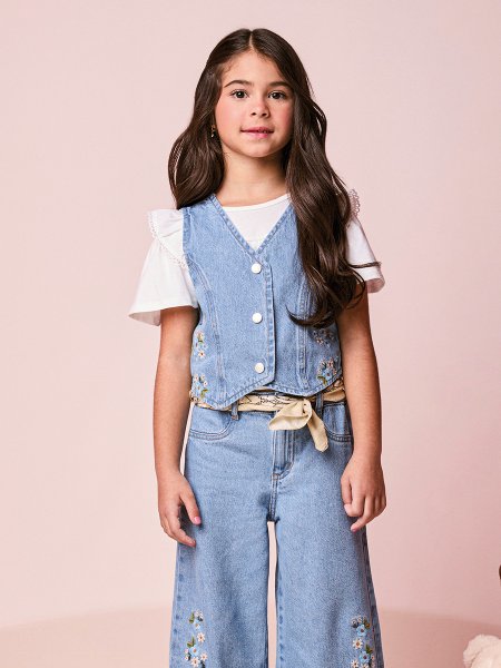 Colete Menina Jeans Infantil com Bordado de Flores