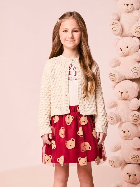 Casaco Infantil Menina Bege de Tricot Texturizado