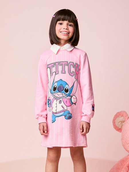 Vestido Infantil Menina de Moletom Listrado do Stitch