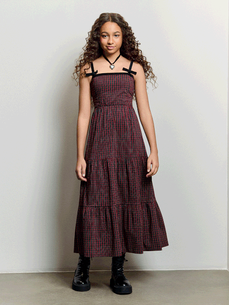 Vestido Feminino Authoria Midi Xadrez com Laços de Veludo
