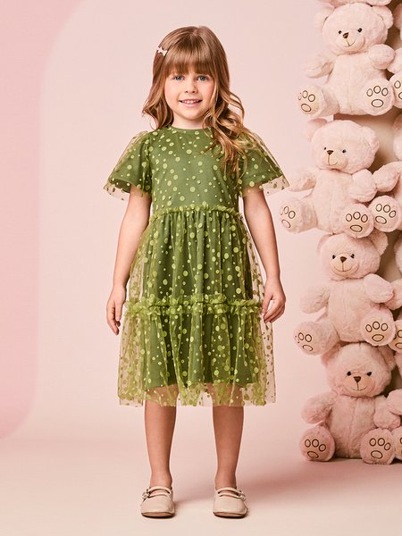 Vestido Infantil Menina Verde em Tule Poá