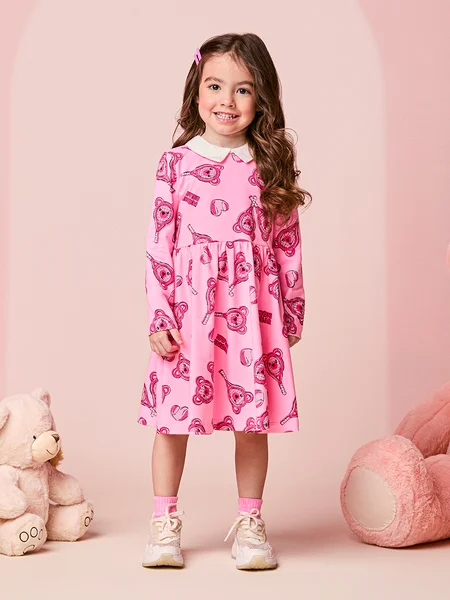 Vestido Infantil Menina de Ursinhos com Golinha