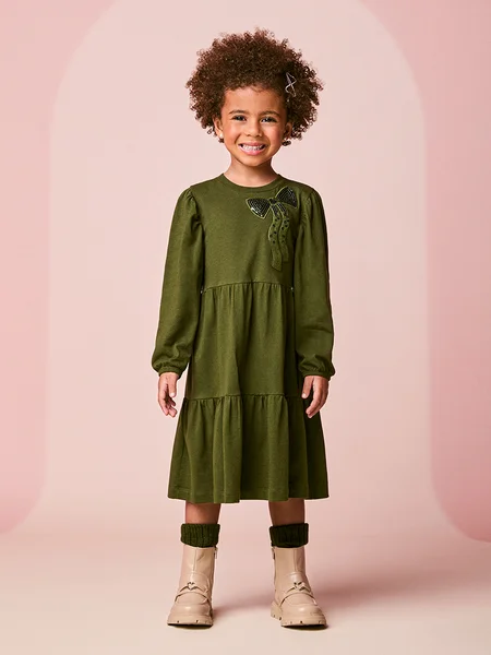 Vestido Infantil Menina Verde com Laço de Paetê