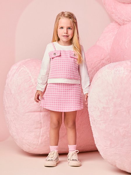 Conjunto Infantil Menina Manga Longa em Tweed Rosa